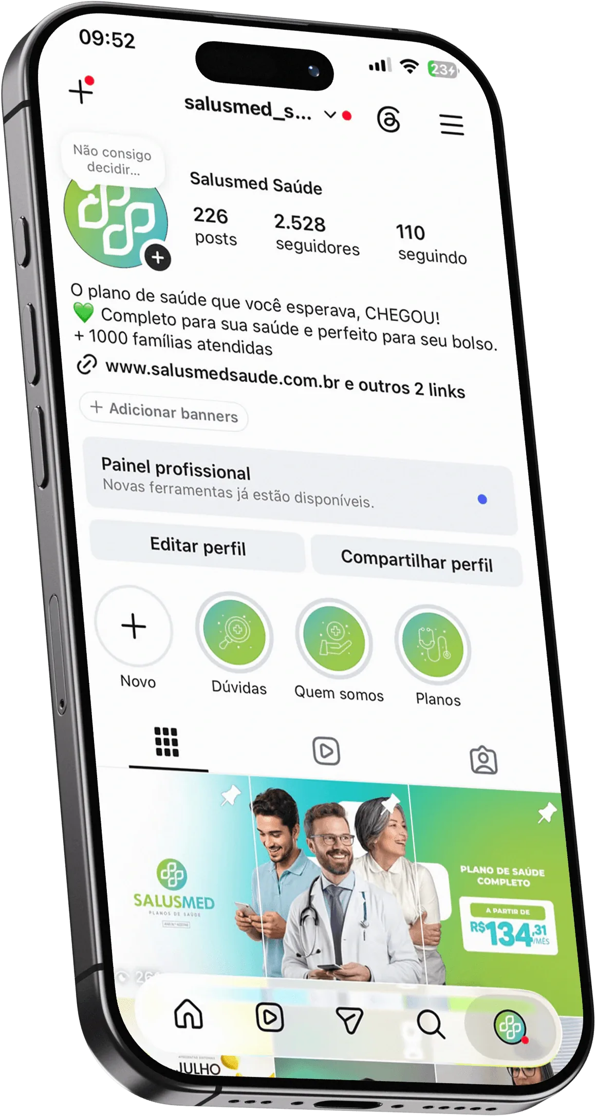 Perfil do Instagram da SalusMed depois da A7 Digital
