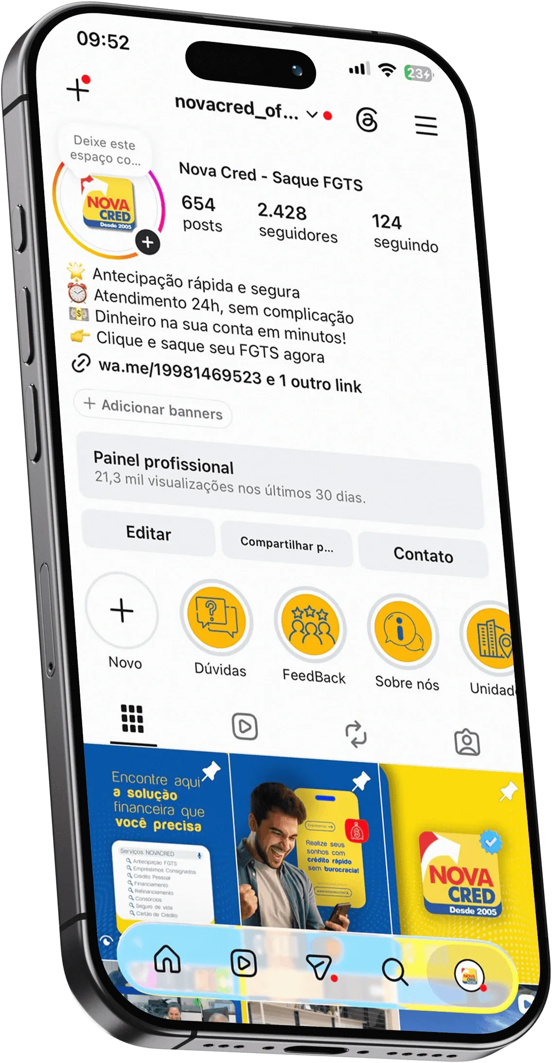 Perfil do Instagram da NovaCred depois da A7 Digital